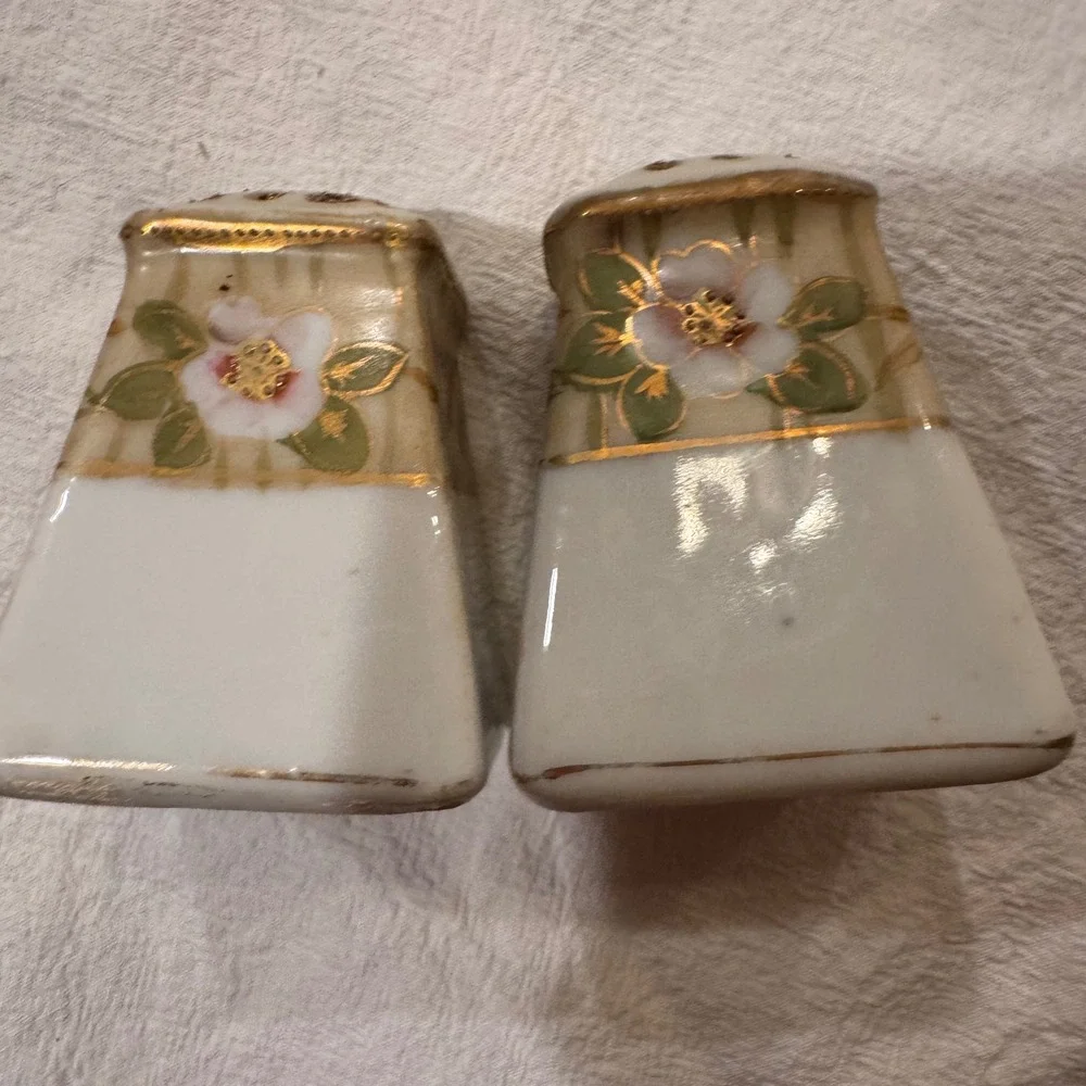 Vintage Nippon Hand Painted Floral Porcelain Salt and‎ Pepper Shakers Gold Trim